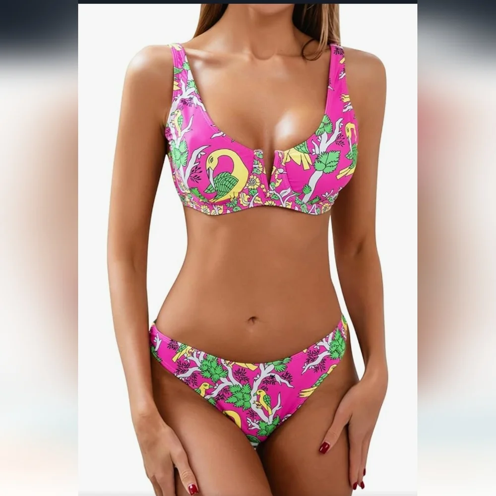 Floral Print Push-ups V-Shaped Steel Wire Bikini Set‎ sz S